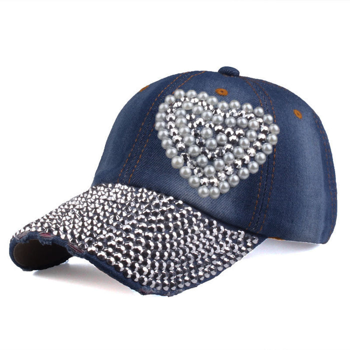 Wholesale Full-brimmed rhinestone baseball cap with heart-shaped rhinestone pattern