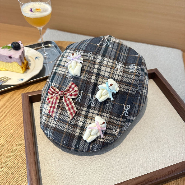 Wholesale Grid forward hat niche design cartoon bow plaid beret