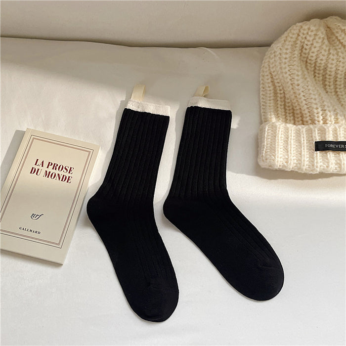 Wholesale Color blocking fabric standard socks, college style versatile pile socks, trendy cotton socks