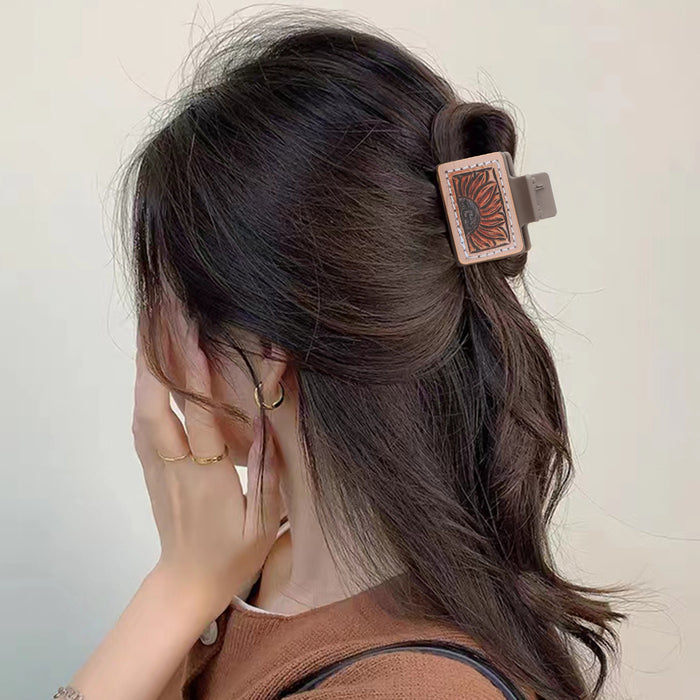 Wholesale Western Style Sunflower Cactus Poker Pattern Leather Hairclip Grab Clip Combination suit Women Shark Clip