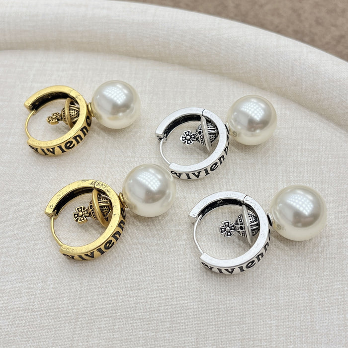 Wholesale medieval vintage distressed Saturn planet pearl ear buckle niche design earrings