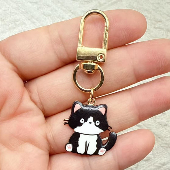 Wholesale 10pcs Cartoon Alloy Printed Pendant Cute Kitten Keychain Animal Series Metal Key Ring Bag Charm Accessory