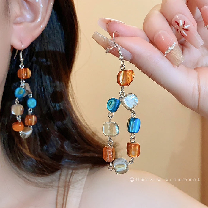 Wholesale Retro irregular shell square bead tassel earrings with light luxury, high-end feel, ear hooks, fashionable and versatile earrings