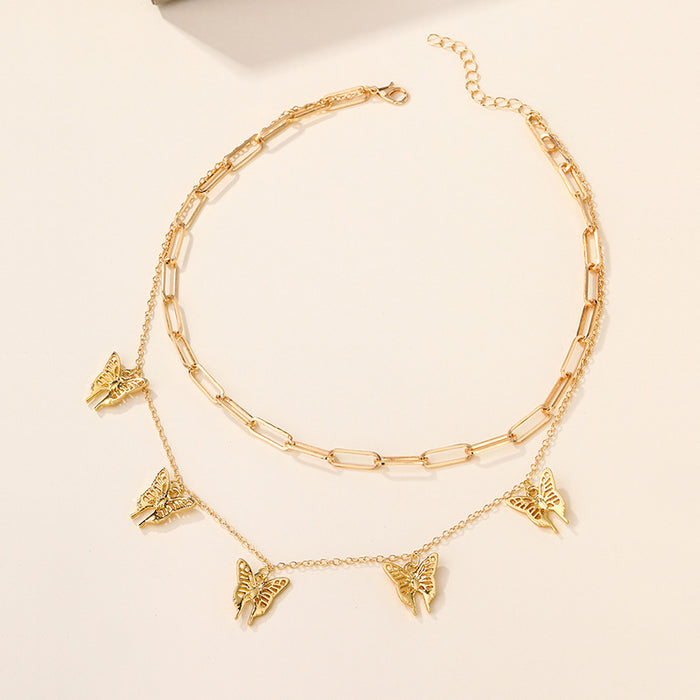 Wholesale Fashion and personalized double layered necklace with alloy butterfly thick chain pendant for accessories