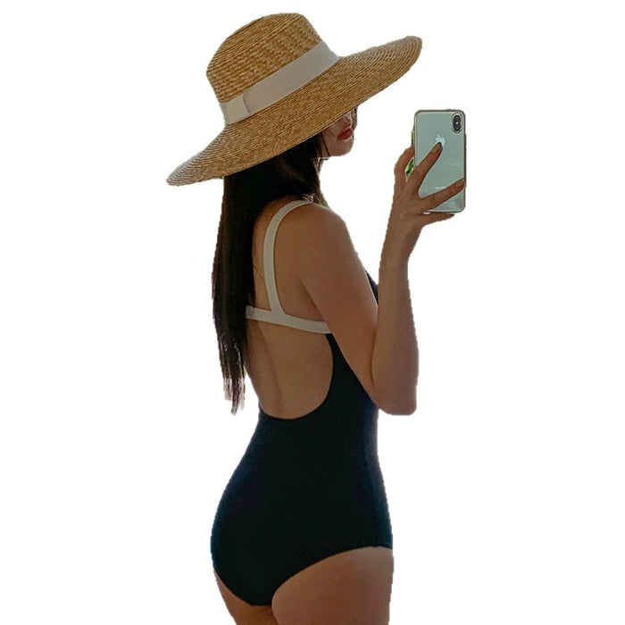 Wholesale New suspender one-piece swimsuit conservative high-end sexy vacation color blocked swimsuit