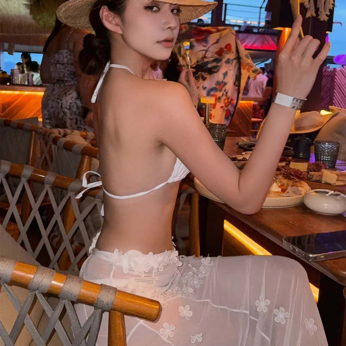 Wholesale Sexy neck tie and split bikini design with suspender and long skirt for vacation