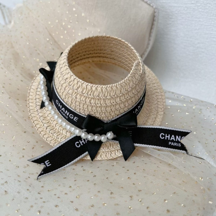Wholesale Straw Hat Bow Cute Pearl Chain Straw Hat