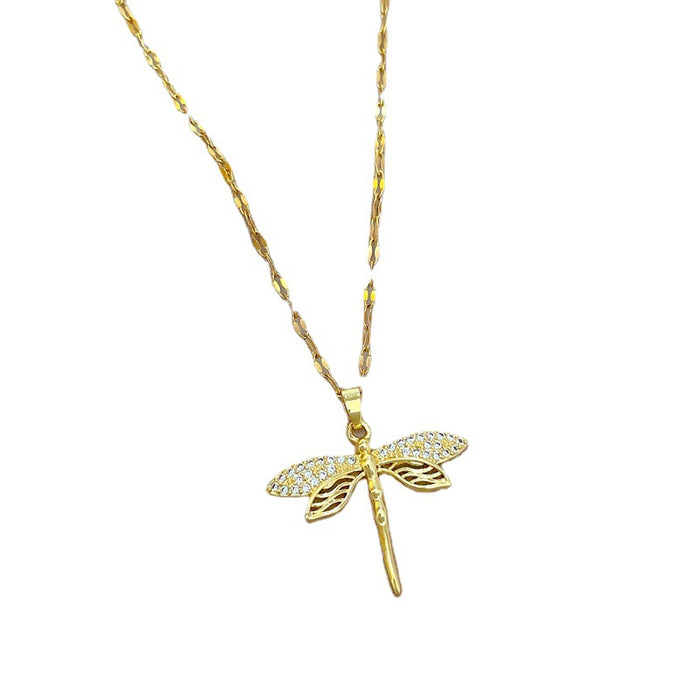 Wholesale Titanium Steel Hollow Dragonfly Inlaid Real Gold Necklace JDC-NE-LG048