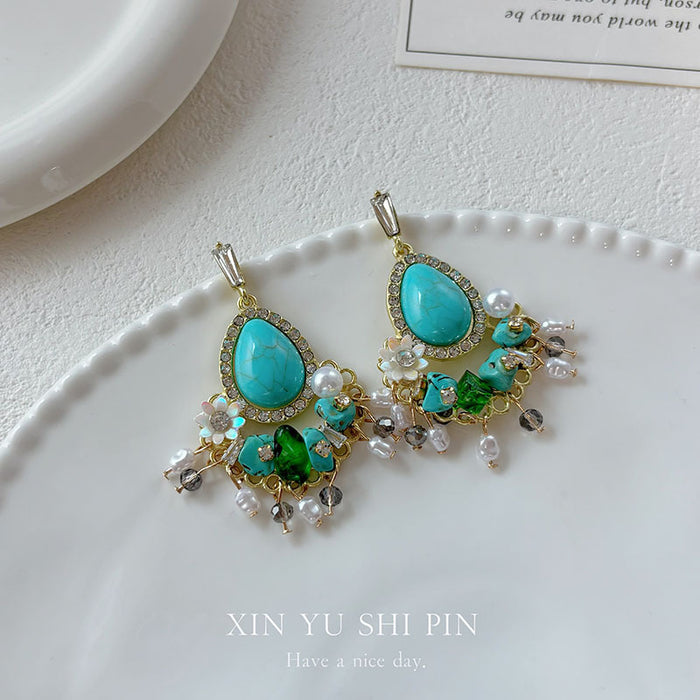 Wholesale Retro imitation turquoise tassel earrings with niche design earrings and earrings