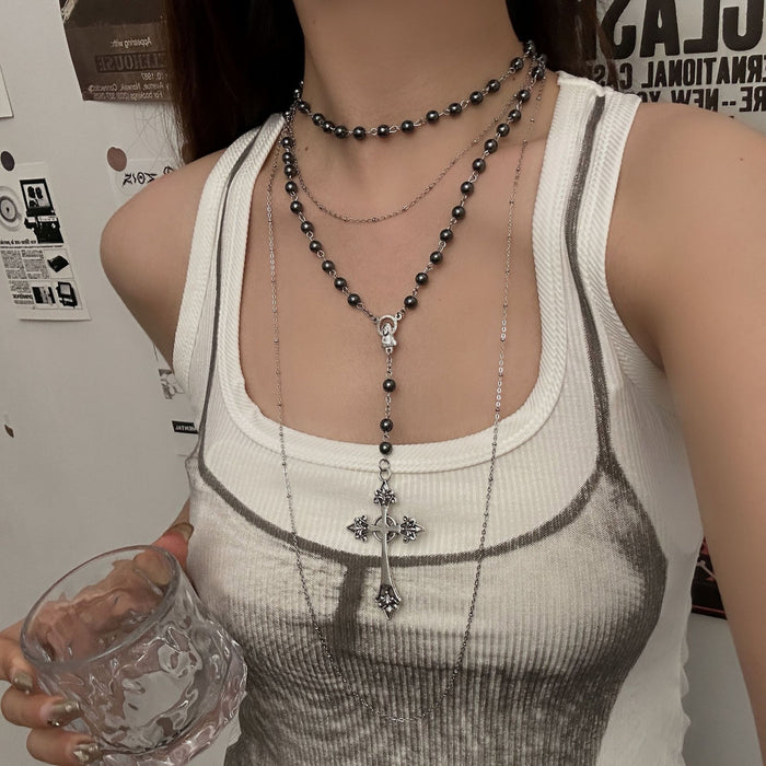 Wholesale Cross bead necklace, multi-layer stacked heavy industry long sweater, chain punk niche design accessory