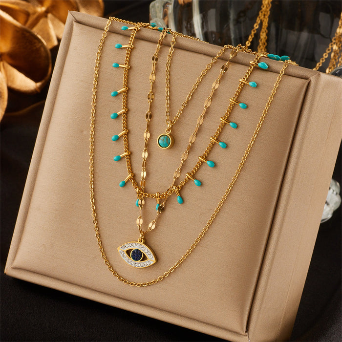 Wholesale multi-layer chain irregular diamond eye turquoise pendant titanium steel necklace