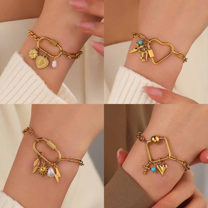 Wholesale Gold-Plated Stainless Steel Multi-Element Heart-Shaped Cross Screw Clasp Bracelet
