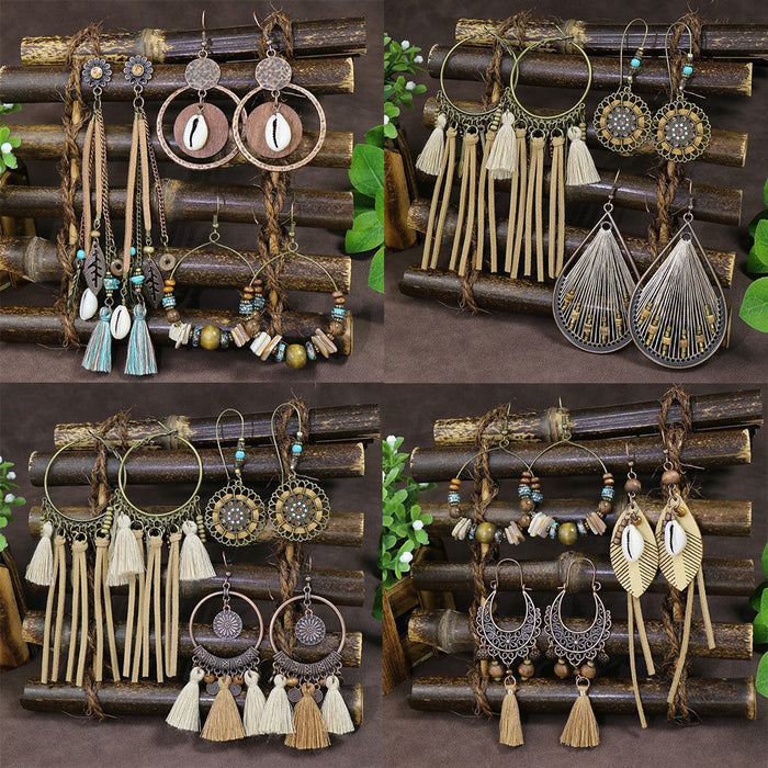 Wholesale Bohemian Tassel Long Dangle Earrings Set Mixed Material Jewelry Accessory Boutique Resale