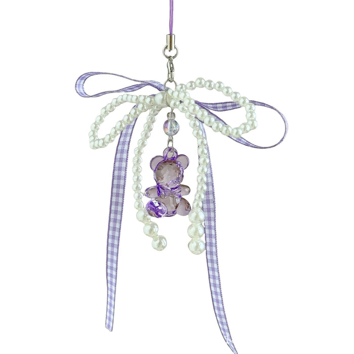 Wholesale Ribbon Bow Mobile Phone Chain Cute Bear Bag Hanging Jewelry Beaded Keychain