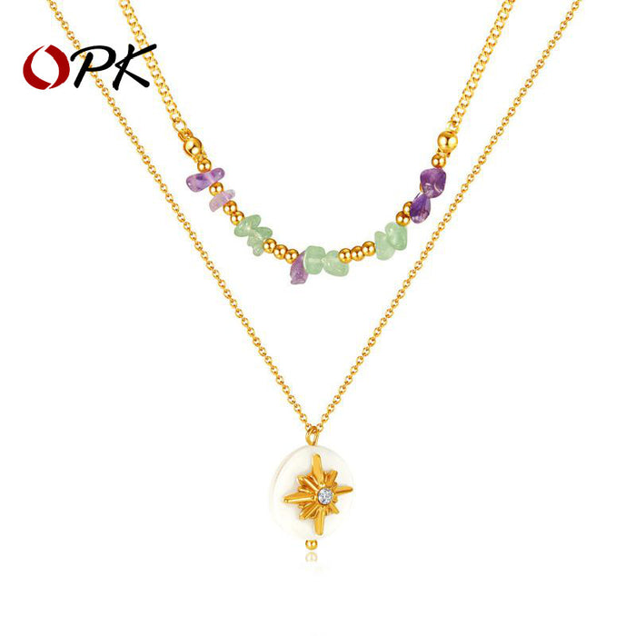 Wholesale Double layered natural stone necklace made of stainless steel with a high-end feel and titanium steel locking chain