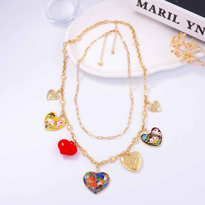 Wholesale Alloy Dropping Oil Multi-love Pendant Double-layer Stacked Chain Women's Necklace