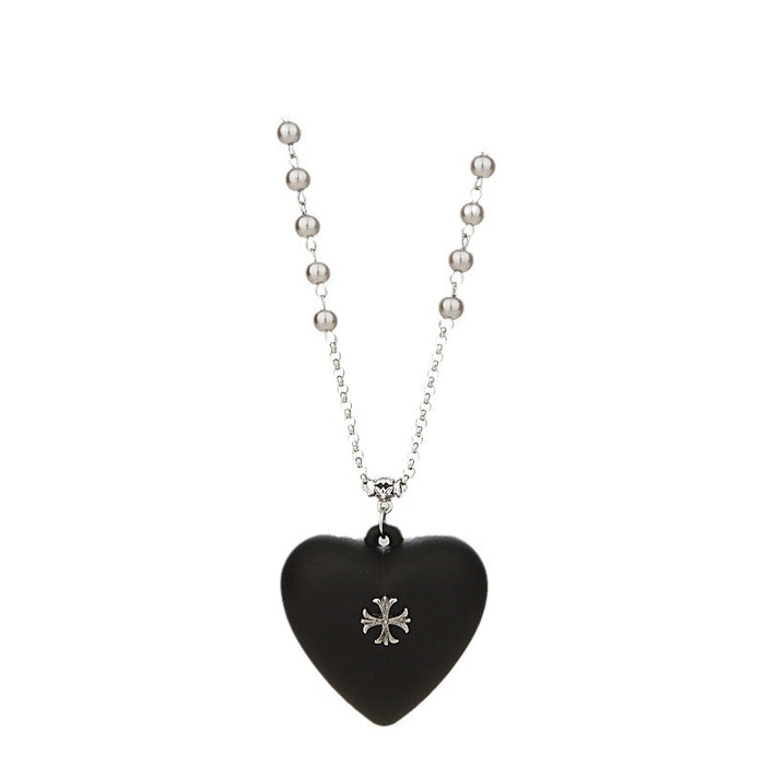 Wholesale Black cross heart pendant necklace, women's light luxury high-end feeling, pearl sweater chain long, versatile accessories for autumn and winter