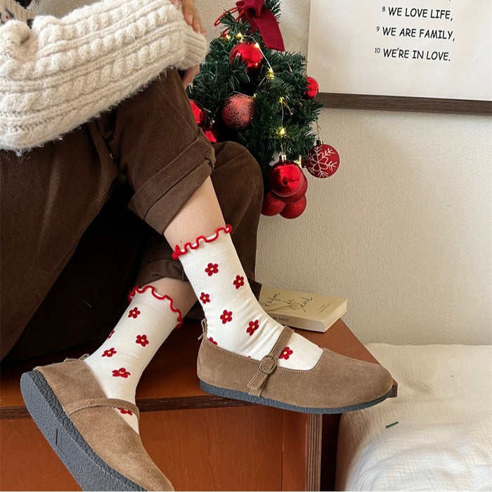 Wholesale Red Socks Children's Middle Socks Flower Bow Pile Cotton Socks