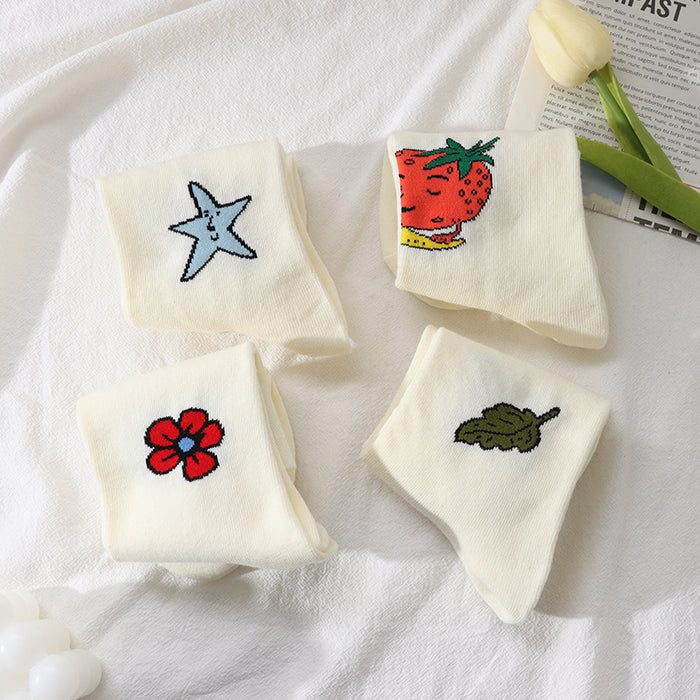 Wholesale Mid length socks, flower cotton socks, cartoon comfortable and breathable calf socks