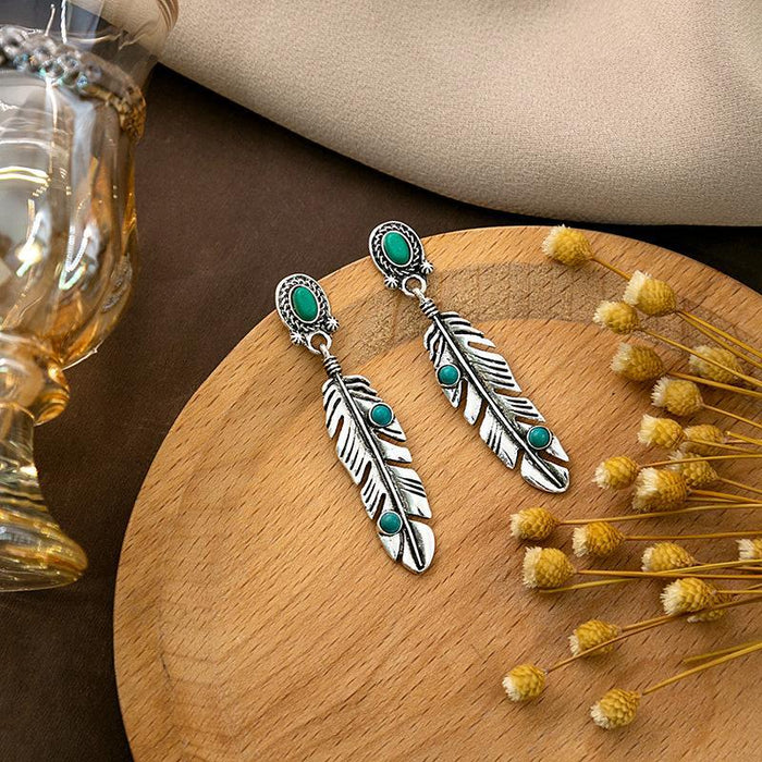 Wholesale Retro Feather Turquoise Earrings Dragonfly  Drop Round Earrings