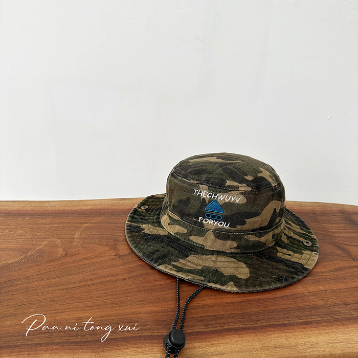 Wholesale Mountaineering fisherman hat, washed drawstring camouflage flat brimmed baseball hat, outdoor children's sunshade hat