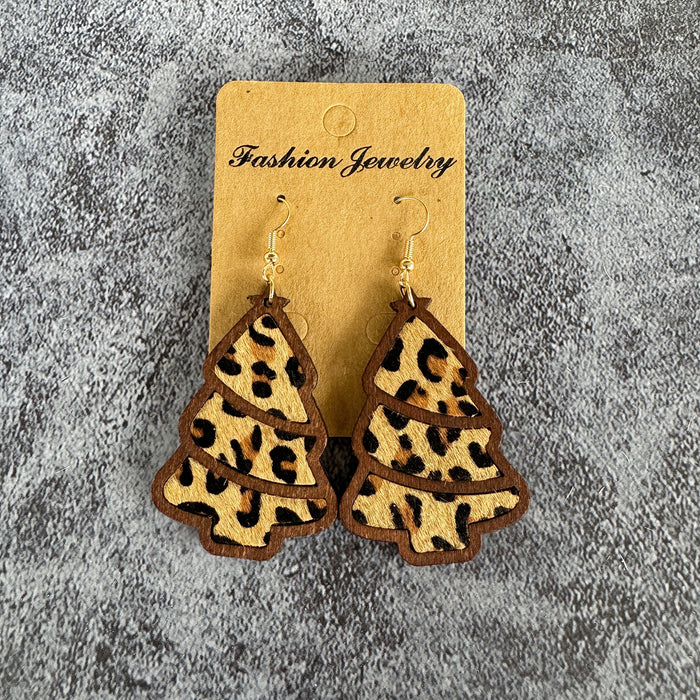 Wholesale Christmas tree leopard print horse hair earrings wood inlaid cowhide light western holiday gift
