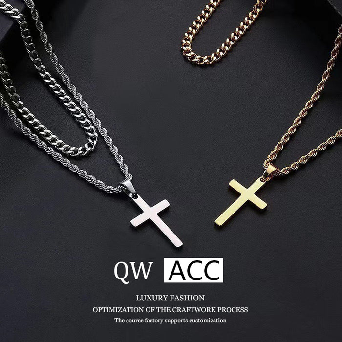 Wholesale Stainless steel smooth cross titanium steel jewelry accessories, personalized double-layer layered necklace, sweater chain