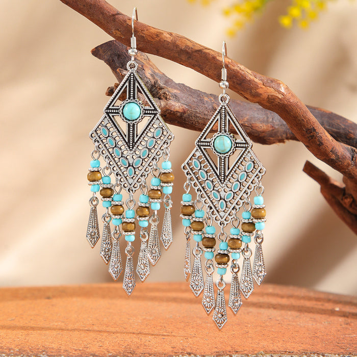Wholesale Retro Palace Geometric Hollow Tassel Earrings Set Beaded Bohemian Style MOQ≥2
