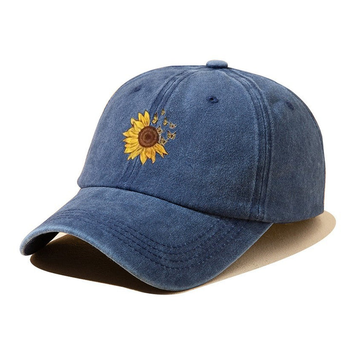 Wholesale Washed denim cotton baseball cap, casual versatile printed flower hat, sun shading duckbill cap