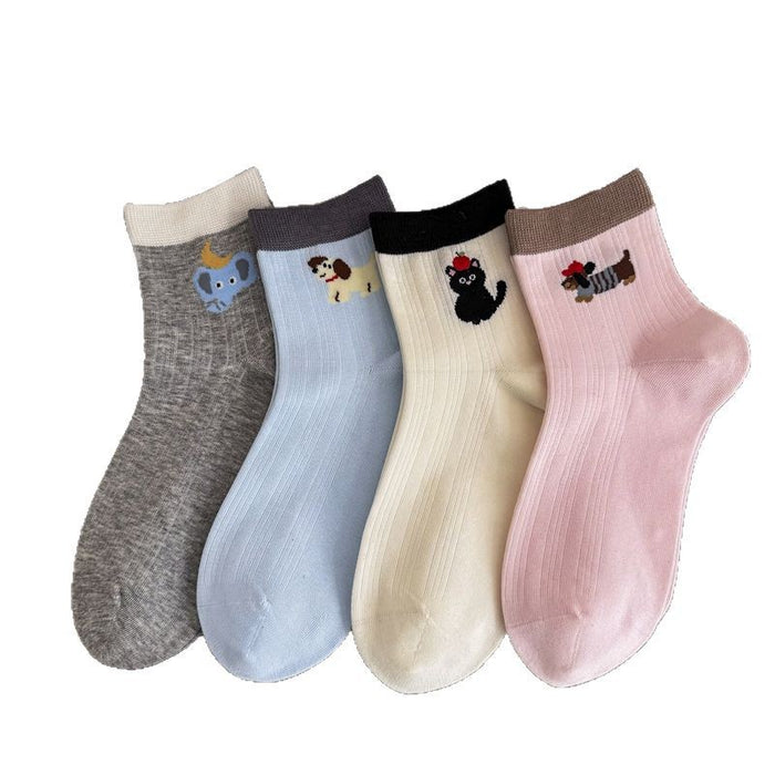 Wholesale Short tube cartoon socks, low cut cotton socks, mid tube socks, color blocked socks
