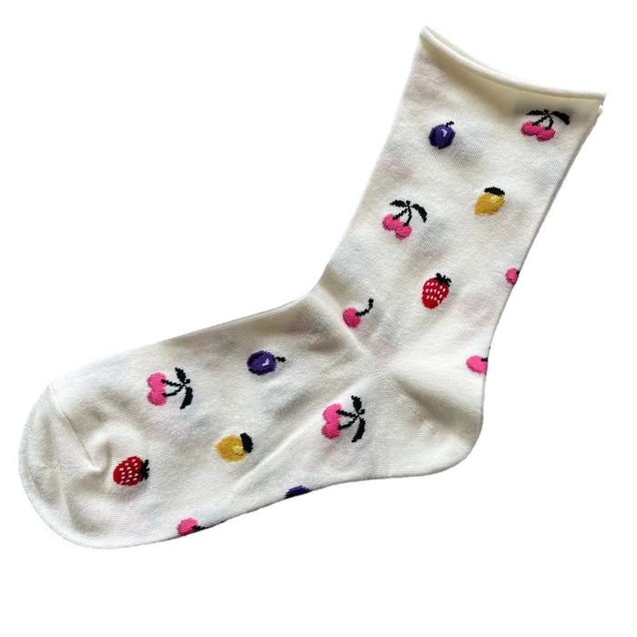 Wholesale Fruit and flower loose mouth rolled edge mid tube socks, simple cotton socks