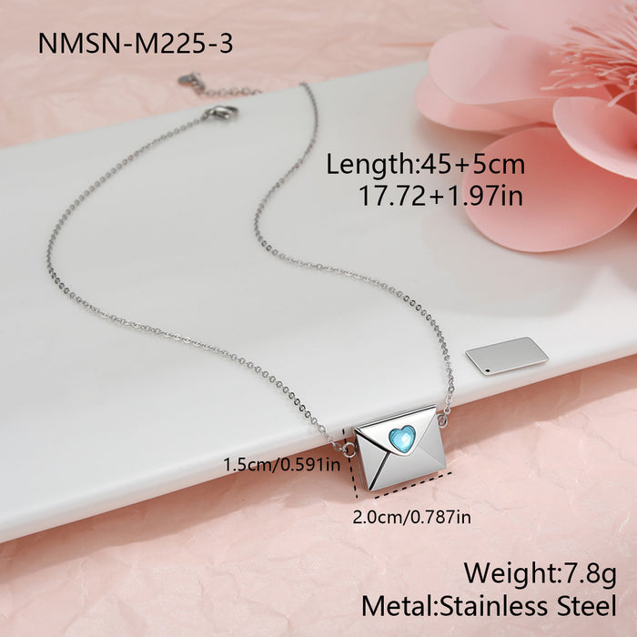 Wholesale Valentine' s Day-themed envelope-shaped stainless steel necklace with heart-shaped elements and rhinestones.