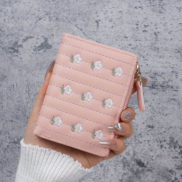 Wholesale Embroidered PVC Women' s Wallet Trendy Short Two-Fold Card Coin Purse