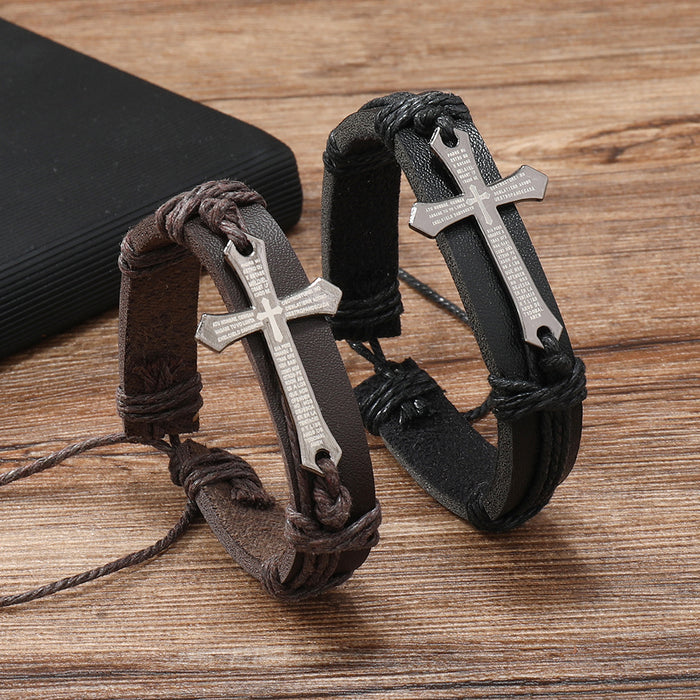 Wholesale Men's Vintage Cross Leather Braided Bracelet JDC-BT-XH011