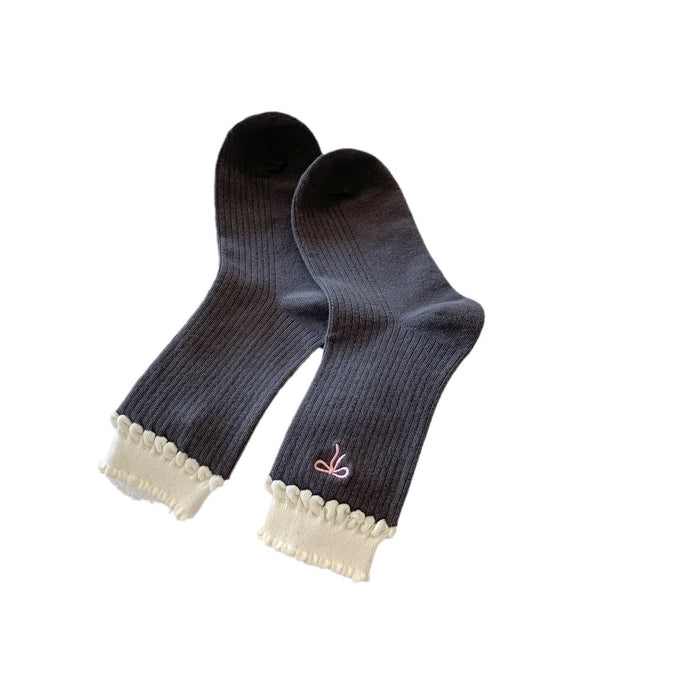 Wholesale New socks with children's embroidery, love heart, women's tube socks, versatile, college style, double-layer lace stacking socks