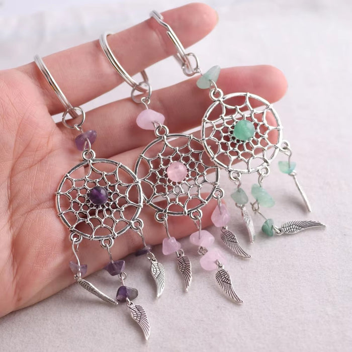 Wholesale Bohemian Dreamcatcher Keychain with Crystal Chips Feather Tassel Green Car Key Accessory