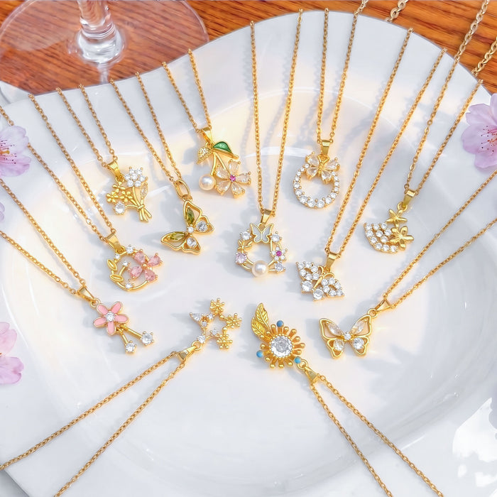 Wholesale Flower Butterfly Pendant Necklace Titanium Steel Gold Plated Jewelry Accessory