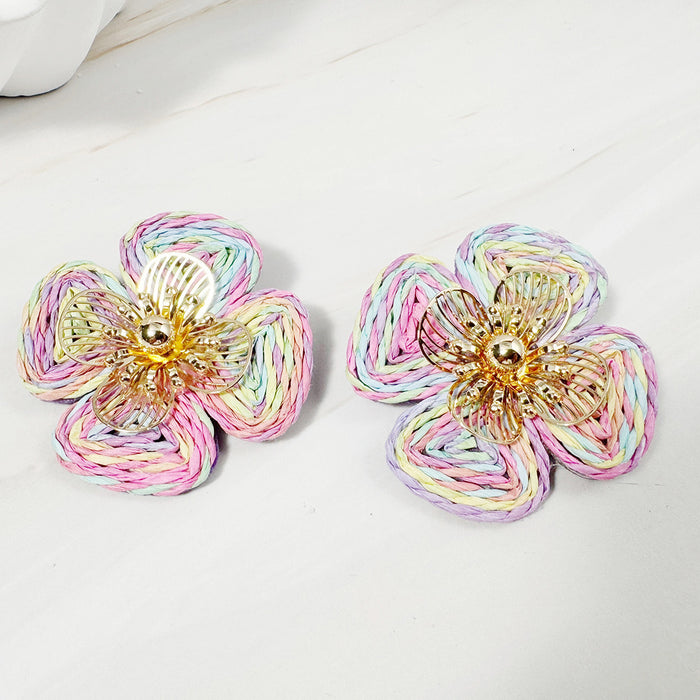 Wholesale Vacation Style Handmade Raffia Flower Earrings Red Jewelry Accessory MOQ≥5