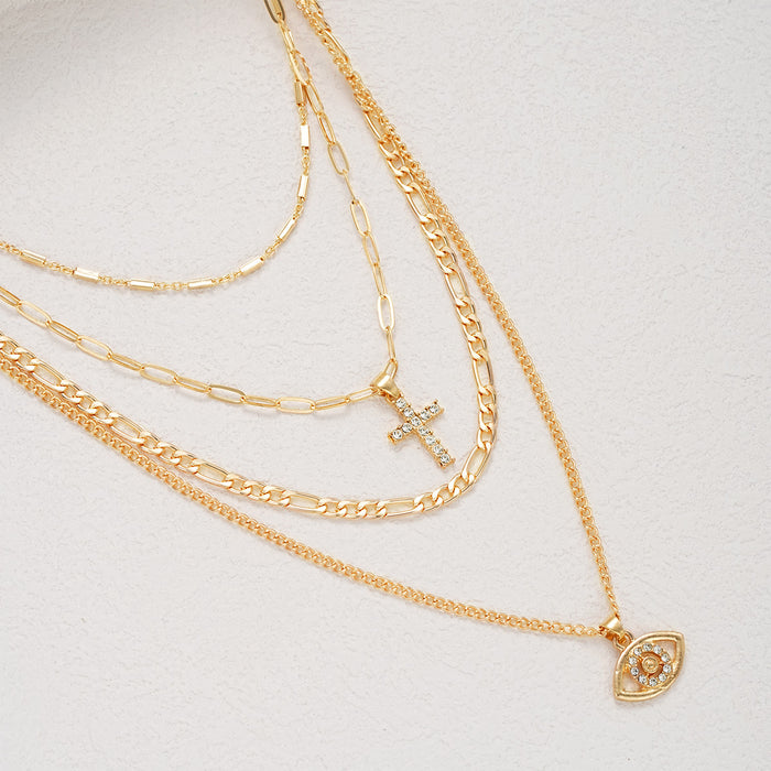 Wholesale Diamond studded Devil's Eye Cross Necklace Set, 4-piece Set