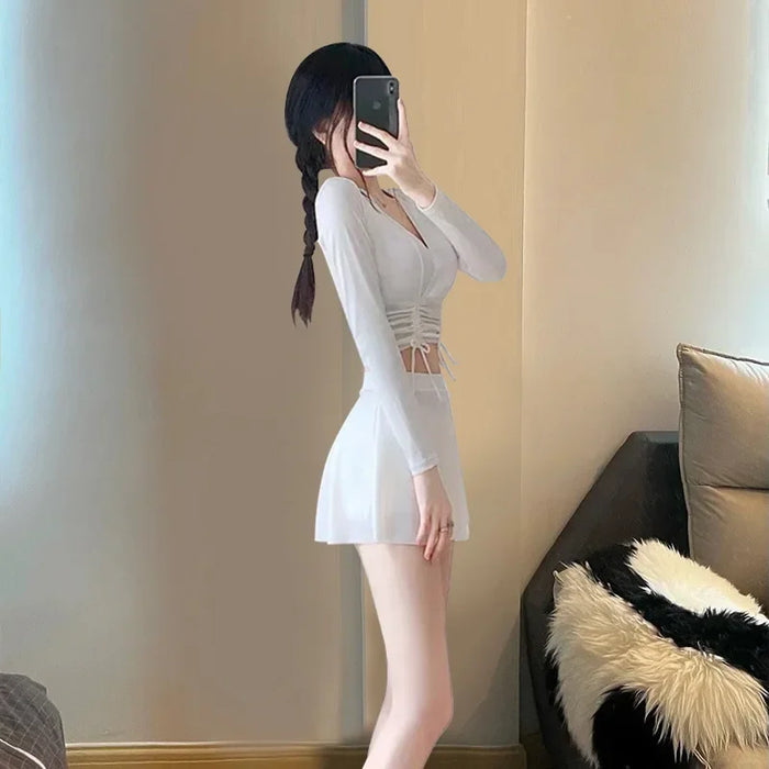 Wholesale Split swimsuit two-piece skirt style long sleeved sun protection sports boxer shorts swimsuit