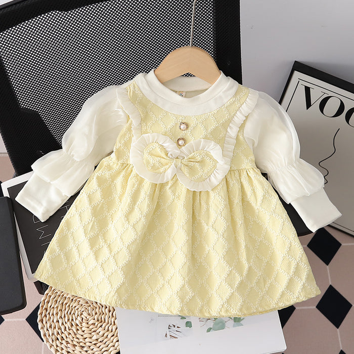 Wholesale Puff Sleeve Bowknot Round Neck Children's Overall Dress JDC-CTS-MianY024