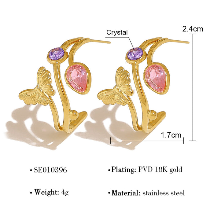 Wholesale Gold titanium steel earrings inlaid with colorful horse eye zircon stainless steel earrings, female hollow leaf C-shaped earrings