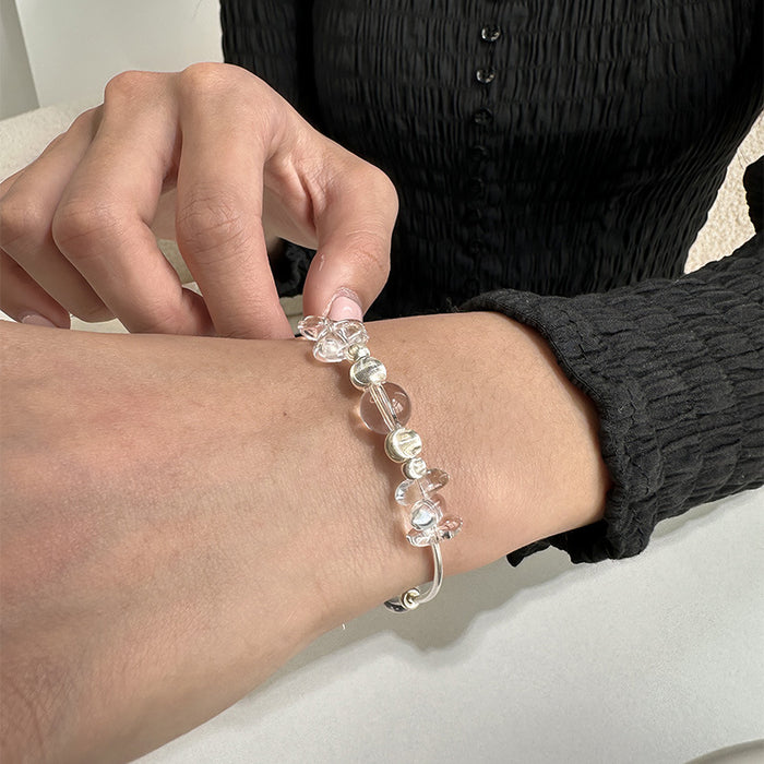 Wholesale Silver white crystal bracelet with brushed silver ball and curved tube, exquisitely crafted bracelet