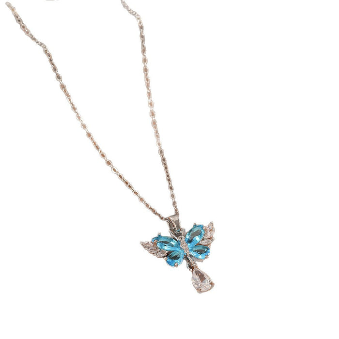 Wholesale Titanium Steel Butterfly Pendant Necklace with Pearl and Crystal Accents - Trendy Jewelry Accessory
