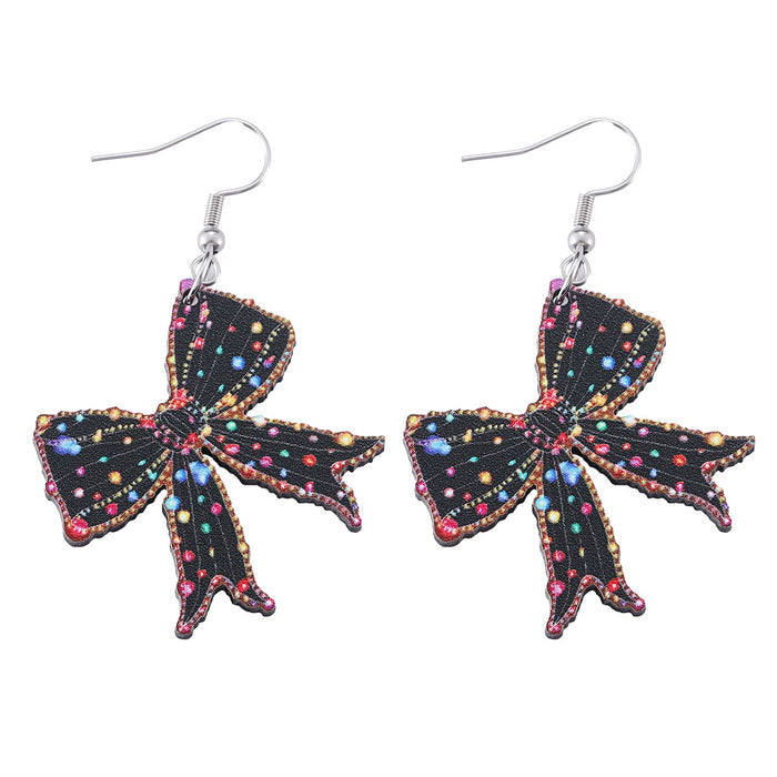 Wholesale Christmas Lantern Bow Pink Christmas Tree Pendant Earrings Wooden Double-sided Earrings Gift