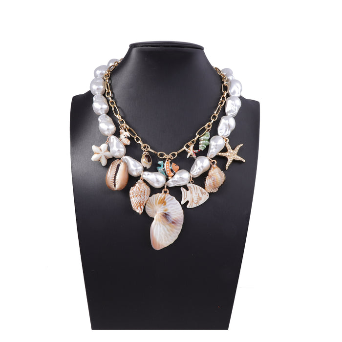 Wholesale Imitation pearl ceramic alloy conch shell double-layer stacked women's necklace