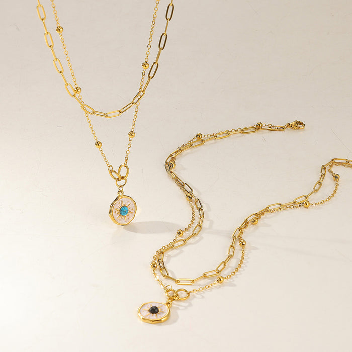 Wholesale Double Layer Gold Stainless Steel Simple Turquoise  Necklace