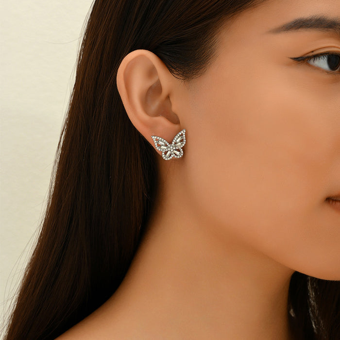 Wholesale New alloy jewelry versatile diamond inlaid butterfly earrings silver needle retro earrings