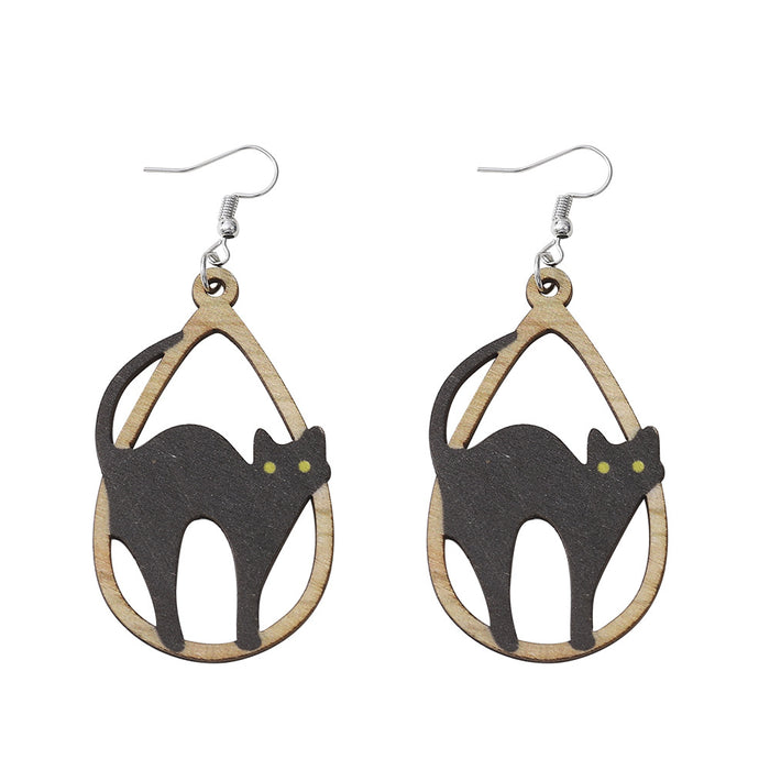 Wholesale  Black Cat Hollow Drop-Shaped Pendant Earrings Wooden Gothic Style Double-Sided Earrings Gift