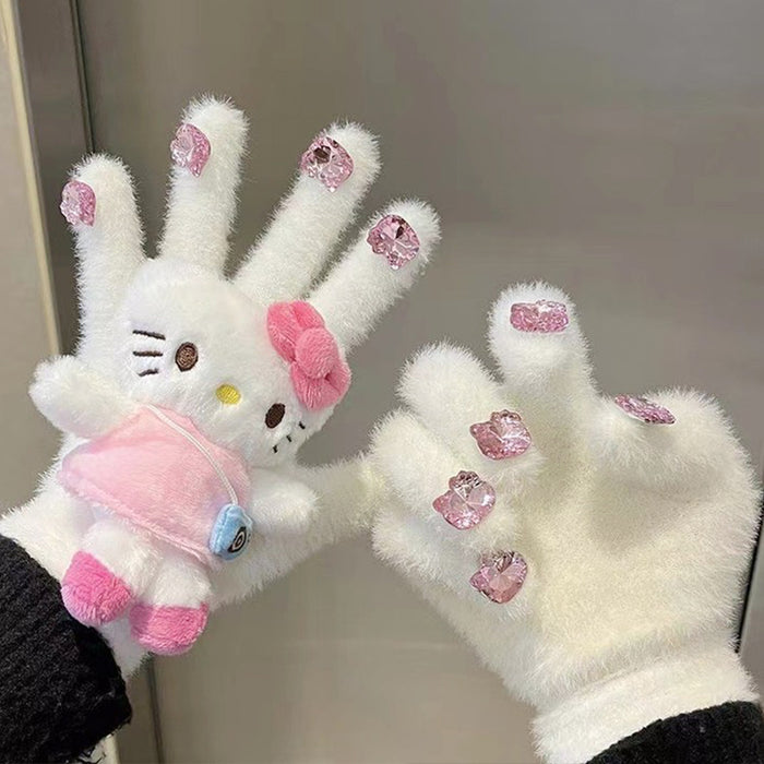 Wholesale Cute Cat Diamond Gloves Girls Winter Warm  Rhinestone Cycling Plush Wear Gloves